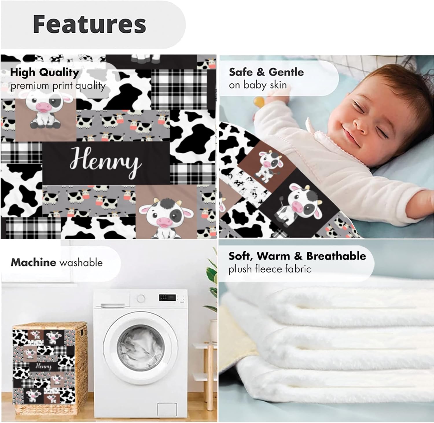 Personalized Cow Print Baby Blanket, Cow Boy Swaddle Blanket, Sherpa Receiving Blanket with Name