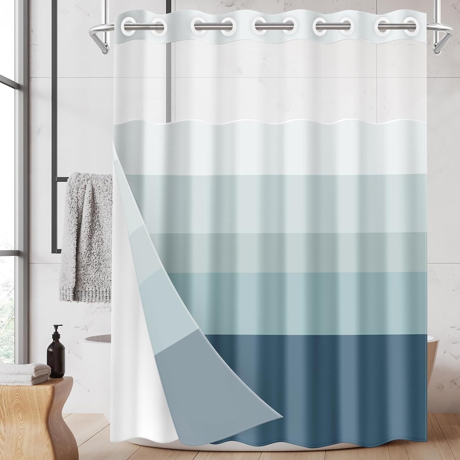 No Hook Blue Ombre Shower Curtain with Snap in Fabric Liner Set, Modern Geometric Double Layers Waterproof Fabric with See Through Top Window Bath Curtain 71x74 Inch