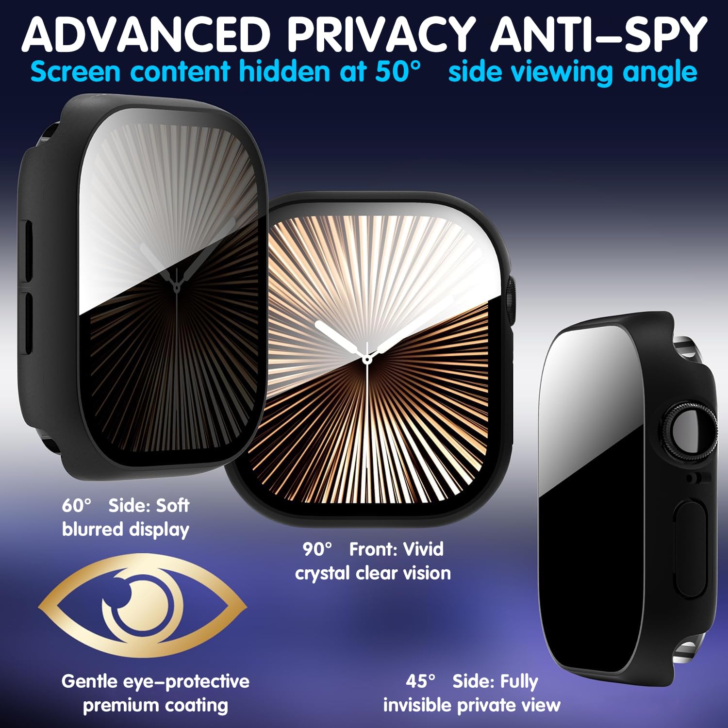 Confezione da 3 custodie anti spia per Apple Watch Serie 6/5/4/SE/SE 3 44 mm, copertura protettiva per il viso con protezione dello schermo in vetro temperato anti-peeping, ultra sottile, cover rigida