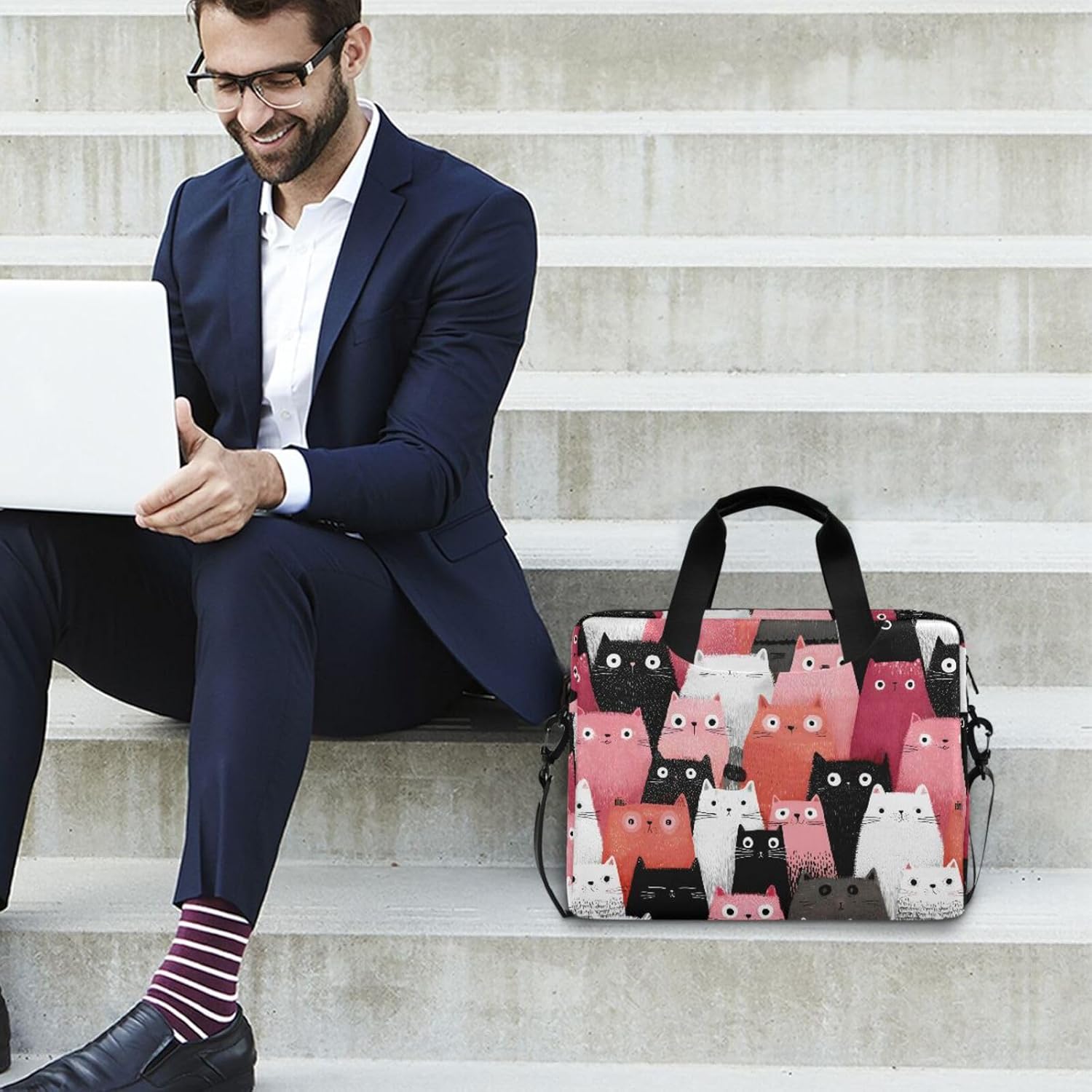 Laptop Bag Sleeve Cute Cat Printed for 16 in Computer, Briefcase with Shoulder Strap Top Handle Multi Pockets