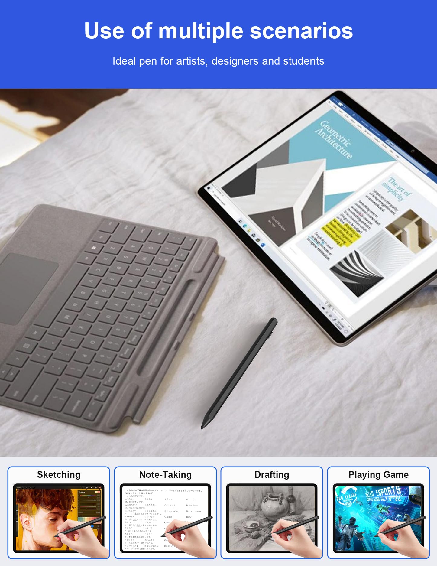 Lápiz Táctil para Surface Pro 12/11/10/9/8/7, Surface Pen con 3 Puntas de Repuesto, Recargable, 4096 Niveles de Presión y Rechazo de Palma, para Surface Laptop 1 a 5, Go, Book, Studio
