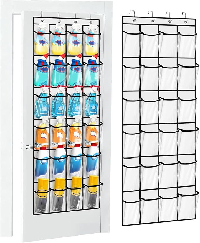 Clear Cleaning Supplies Organizer,Cleaning Products 24 Pockets Large Capacity Over The Door All-Purpose Cleaner Holder for Laundry Bathroom Auto Glass Cleaner Organizer for Garage,Spray Bottle Holder