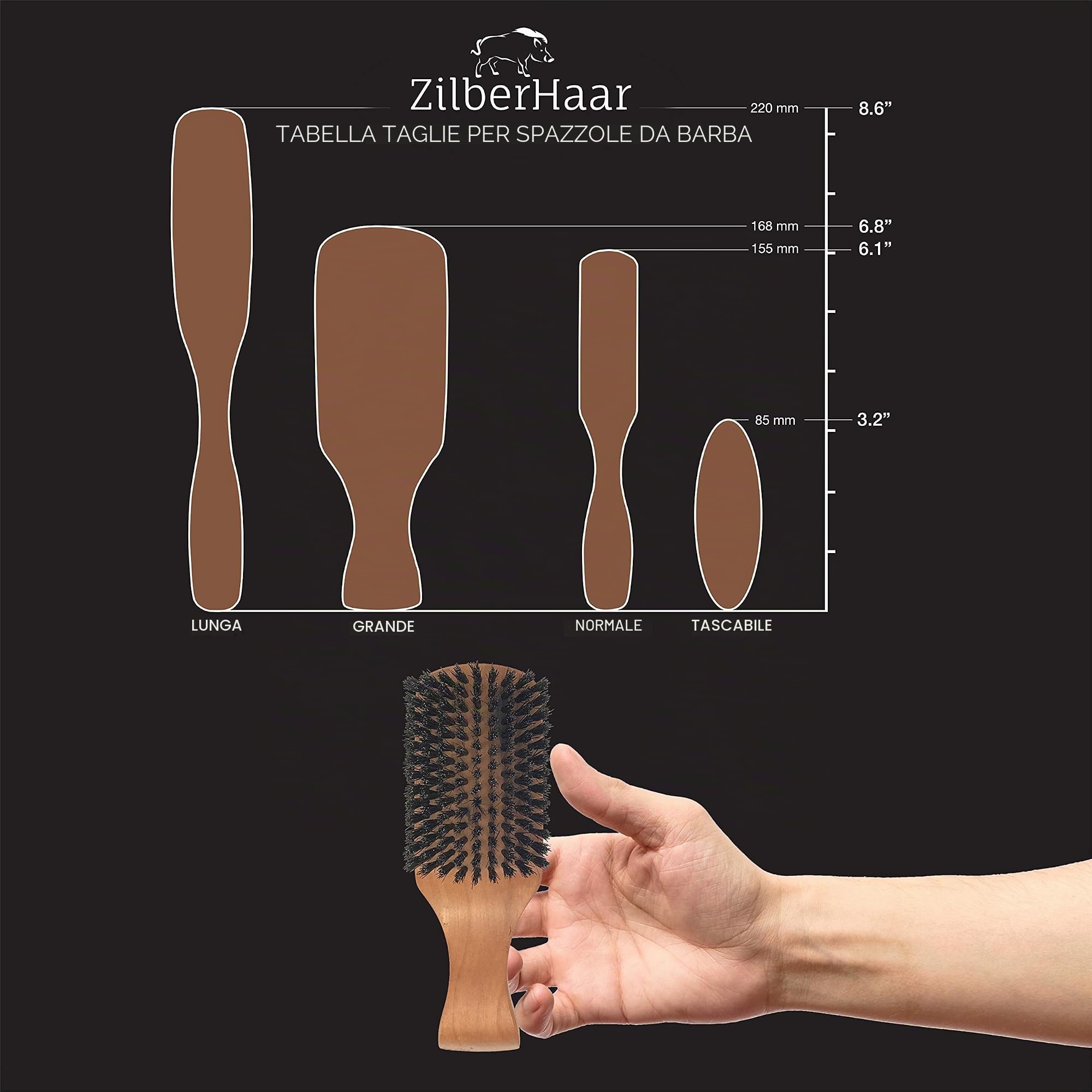 ZilberHaar - Spazzola da Barba e Capelli per Uomo Major - Setole Cinghiale Rigide e Legno di Pero - Per Tutti i Tipi di Barba e Capelli - Perfetta per Peli Spessi o Sottili - Prodotta in Germania