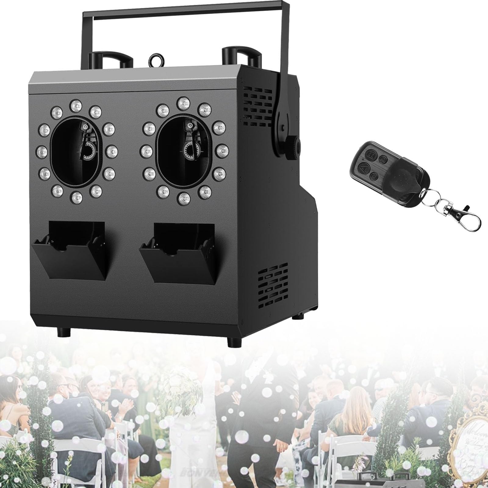 Dmuchawa do baniek mydlanych o mocy 1500 W z 24 diodami LED, wytwornica dymu z 2 zbiornikami paliwa dla DJ-ów, wesel, świąt Bożego Narodzenia i Halloween