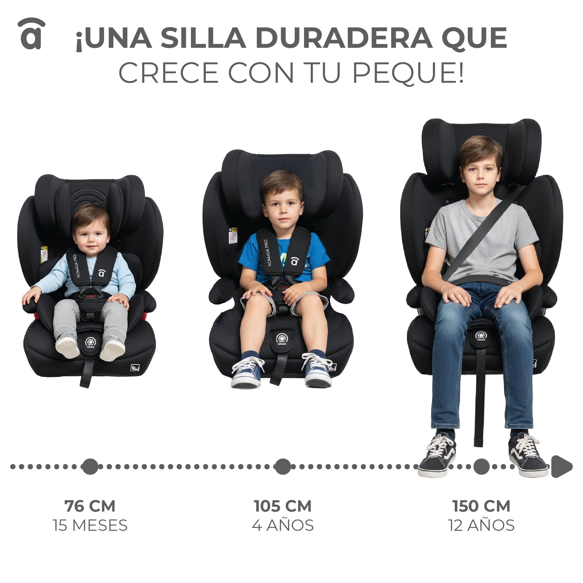 Silla de Coche i-Size 76-150 cm (15 meses–12 años) Grupo 1 2 3, Ligera 5 kg, Instalación con Cinturón, Arnés 5 Puntos, Protección Lateral – Asalvo Nómada Pro Negro