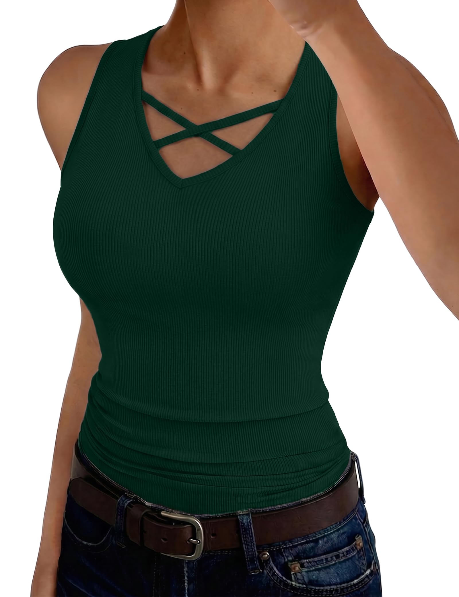Aottori Tank Top Damen V-Ausschnitt Ärmellos Slim Fit Sommer Gerippt | Gerippte Oberfläche; passt zu Jeans, Röcken oder Shorts; für Alltag, Büro, Urlaub und Freizeit geeignet; Slim-Fit-Passform