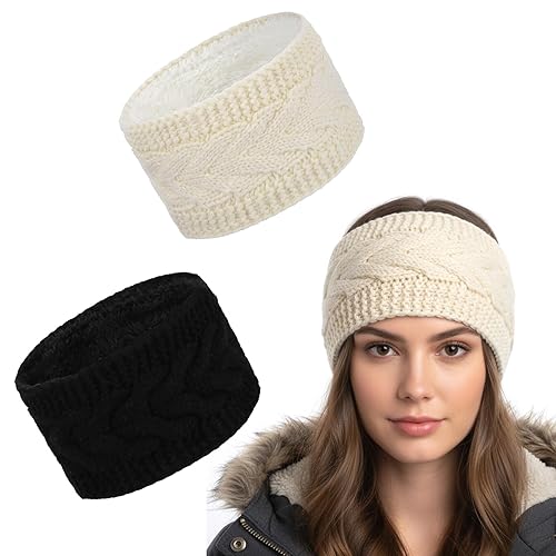 2Pcs Winter Headbands for Women, Soft Fuzzy Fleece Lined Ear