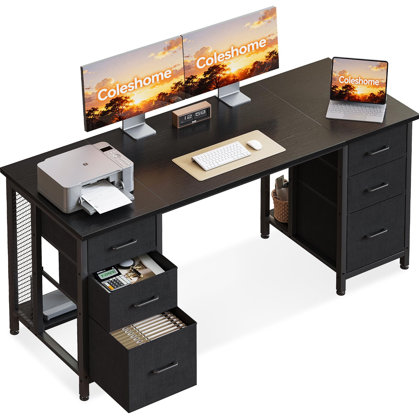 Coleshome Biurko z 6 Szufladami, 160x52 cm Biurko Komputerowe z Miejscami do Przechowywania, Biurko do Domowego Biura, Czarny | Stół komputerowy z szufladami, dolną półką i dużą ilością miejsca do pracy, nauki lub kreatywności.
