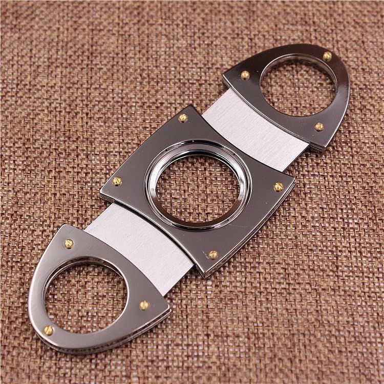 Cigar Cutter Guillotine, Stainless Steel Double Blade, Silver Metal Oval Portable Manual Pocket Tool(B)