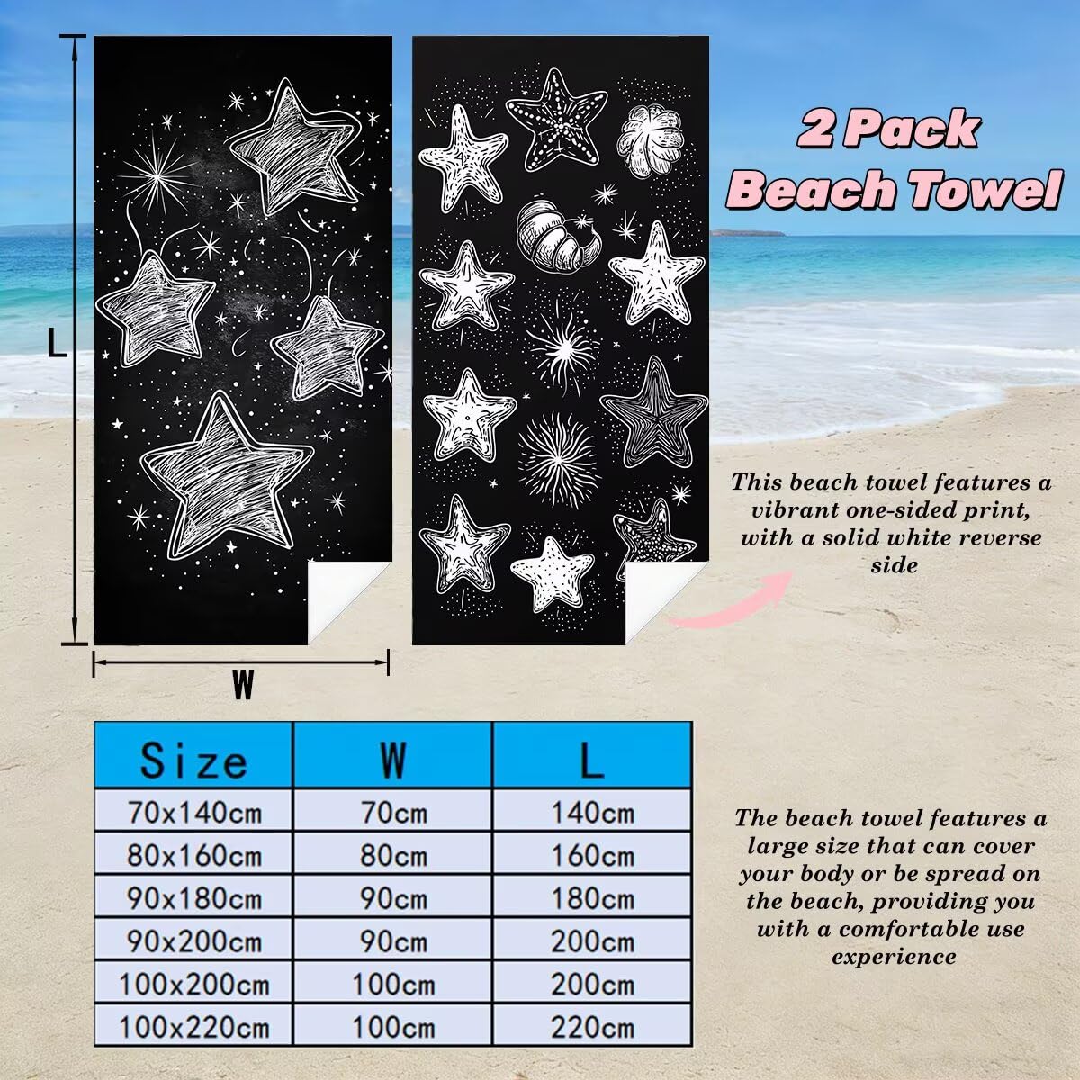 Serviette de Plage XXL 70x140 cm, Lot de 2 Serviette de Bain Microfibre, Anti Sable Serviettes Plage, Séchage Rapide Drap de Bain pour Homme Femme, Portable Fine Serviettes pour Fitness (Étoile) -4709
