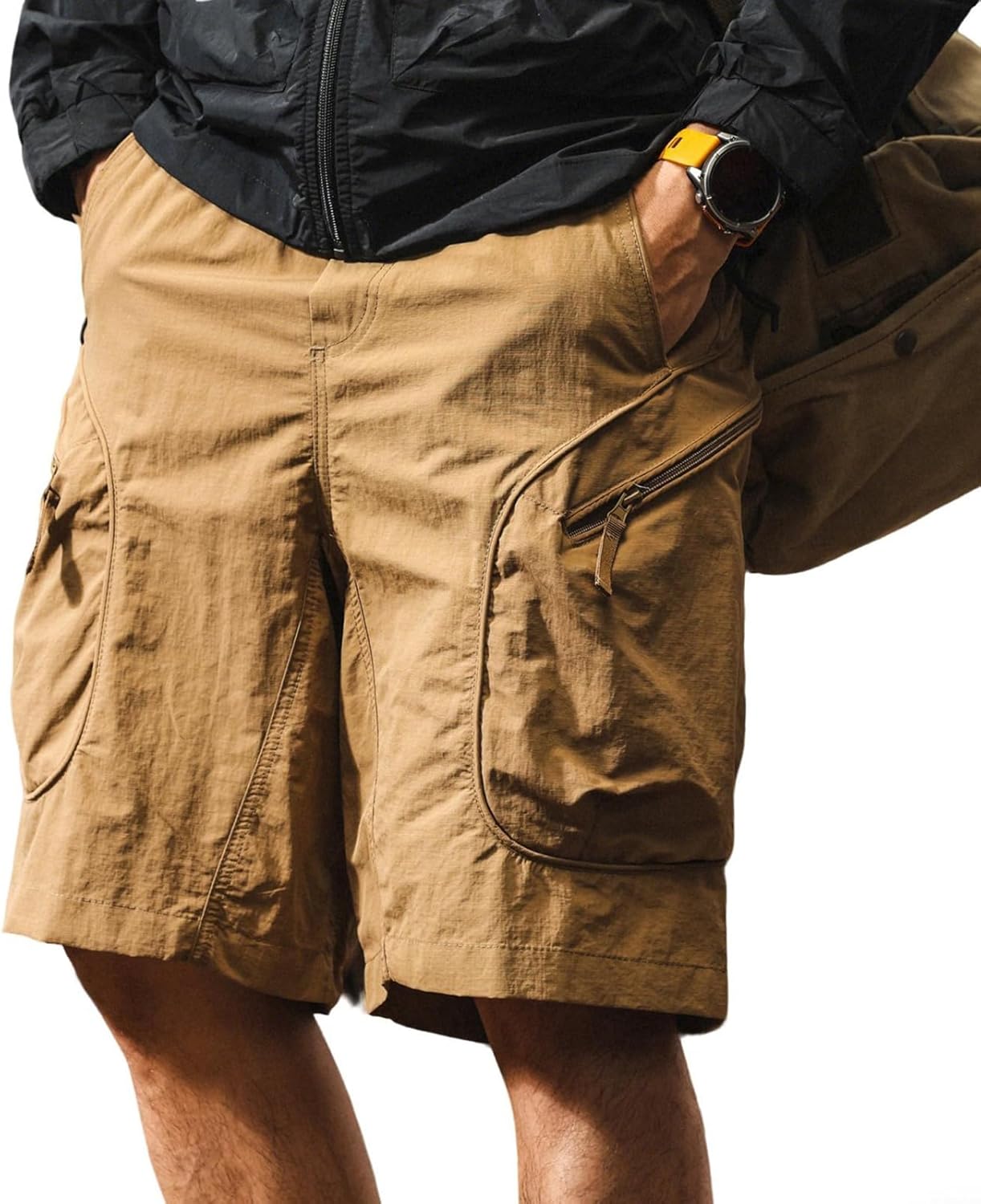Men's Quick-Dry Shorts Drawstring Elastic Waist Lightweight Travel Shorts with Zipper Pocket