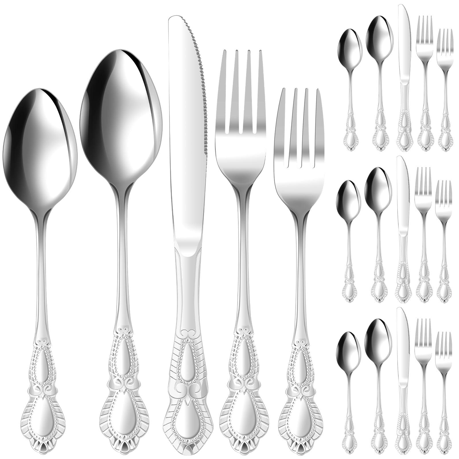 Vintage Silverware Set Stainless Steel Cutlery Set for 4 People Fork Spoon Knife Sets Mirror Polished Utensil Sets for Home Restaurant Wedding Party Dishwasher Safe(Silver)