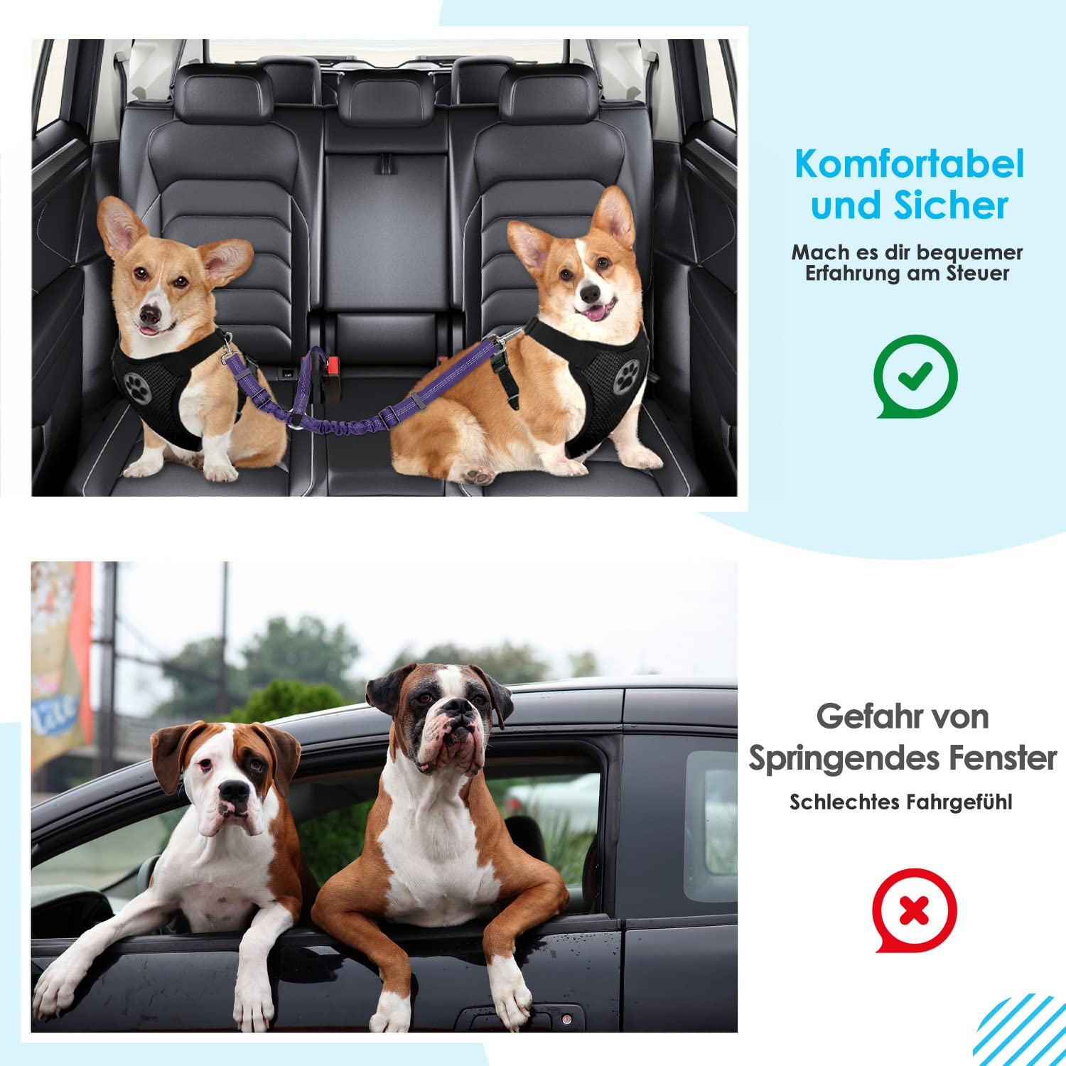 Double Laisse Ceinture Sécurité Voiture Pour Chiens - Harnais Élastique Réfléchissant 2 Chiens, Anti-Choc, Réglable, Rotation 360°
