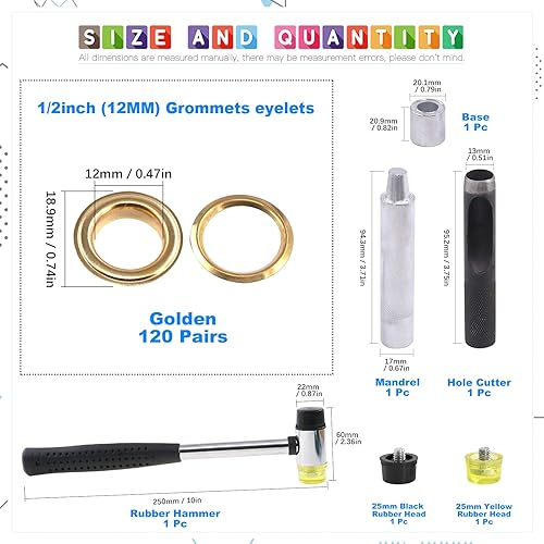 Miniatura 2 de Glarks 124 ojales dorados de 12 pulgada con juegos de herramientas, 120 ojales con 4 herramientas de instalación para tela, lienzo, cortina, ropa,
