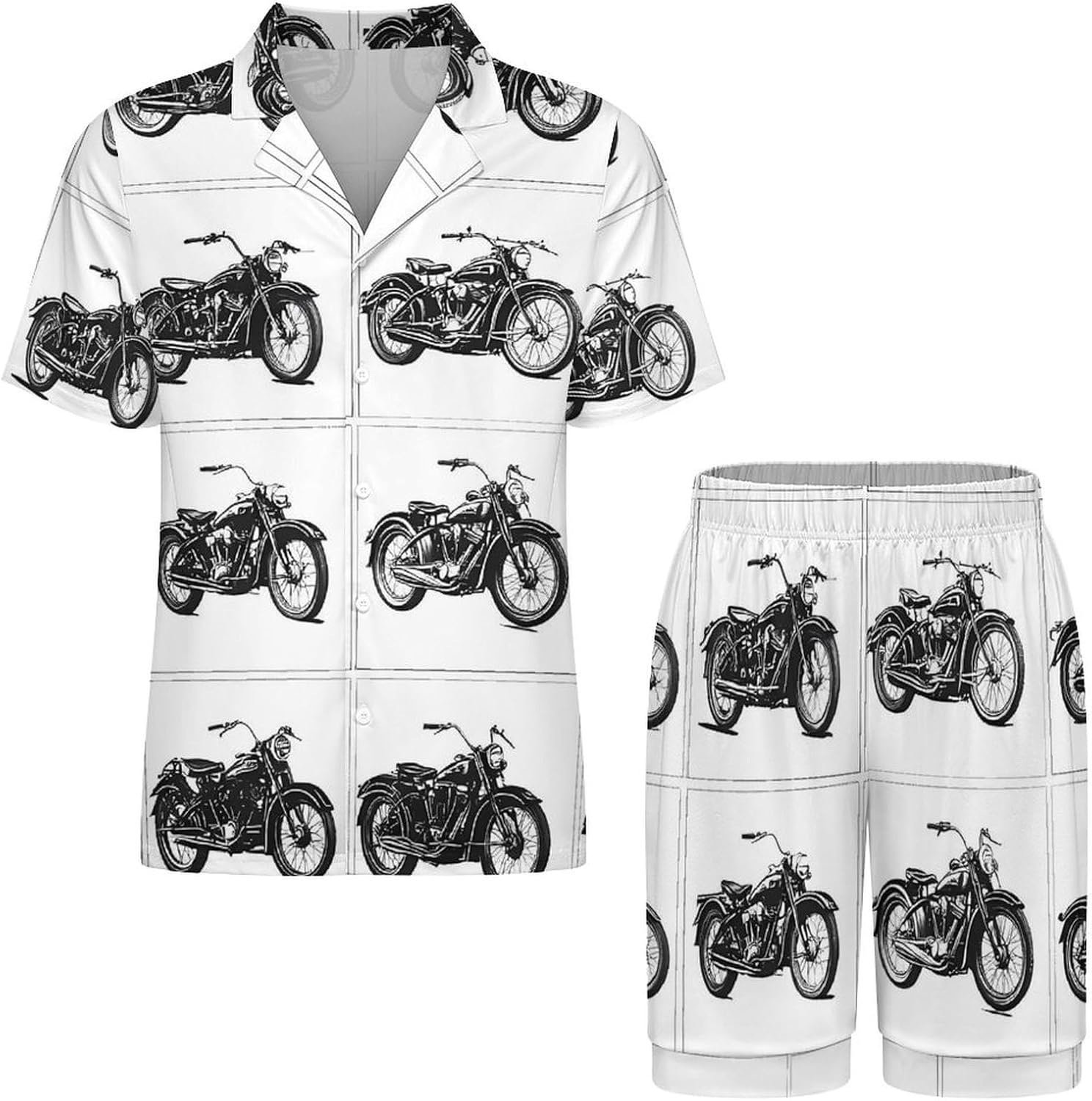 Black And White Motorcycle Men's Short Sleeve Pajama Set Satin Silk Like Lounge Sleepwear