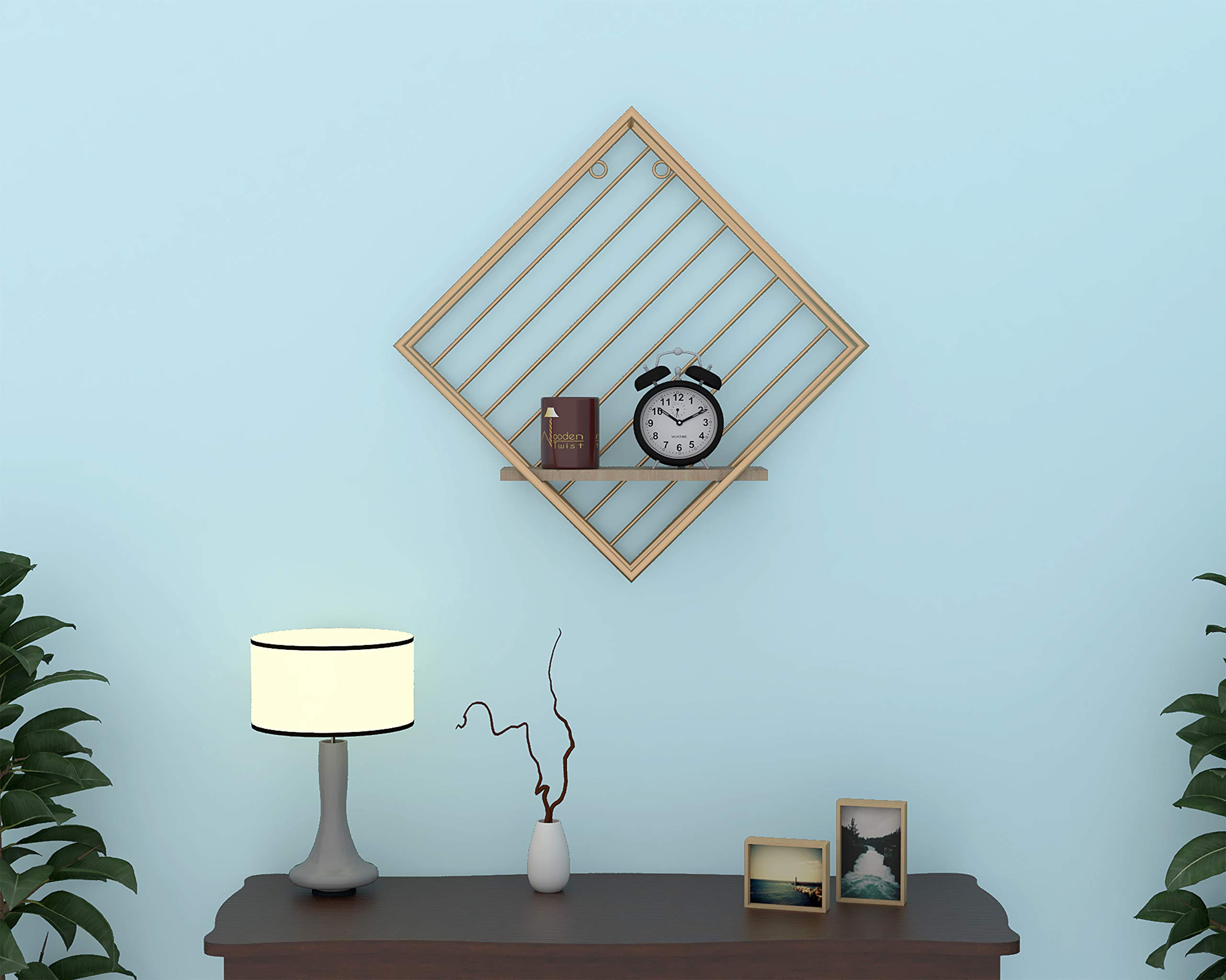 Wooden Twist Metallic Rhombus Shape Storage Wall Shelf Wood & Iron Geometric Design Floating Shelf for Modern Home Decor Perfect for Displaying Books, Plants, Photo Frames, or Decorative Items