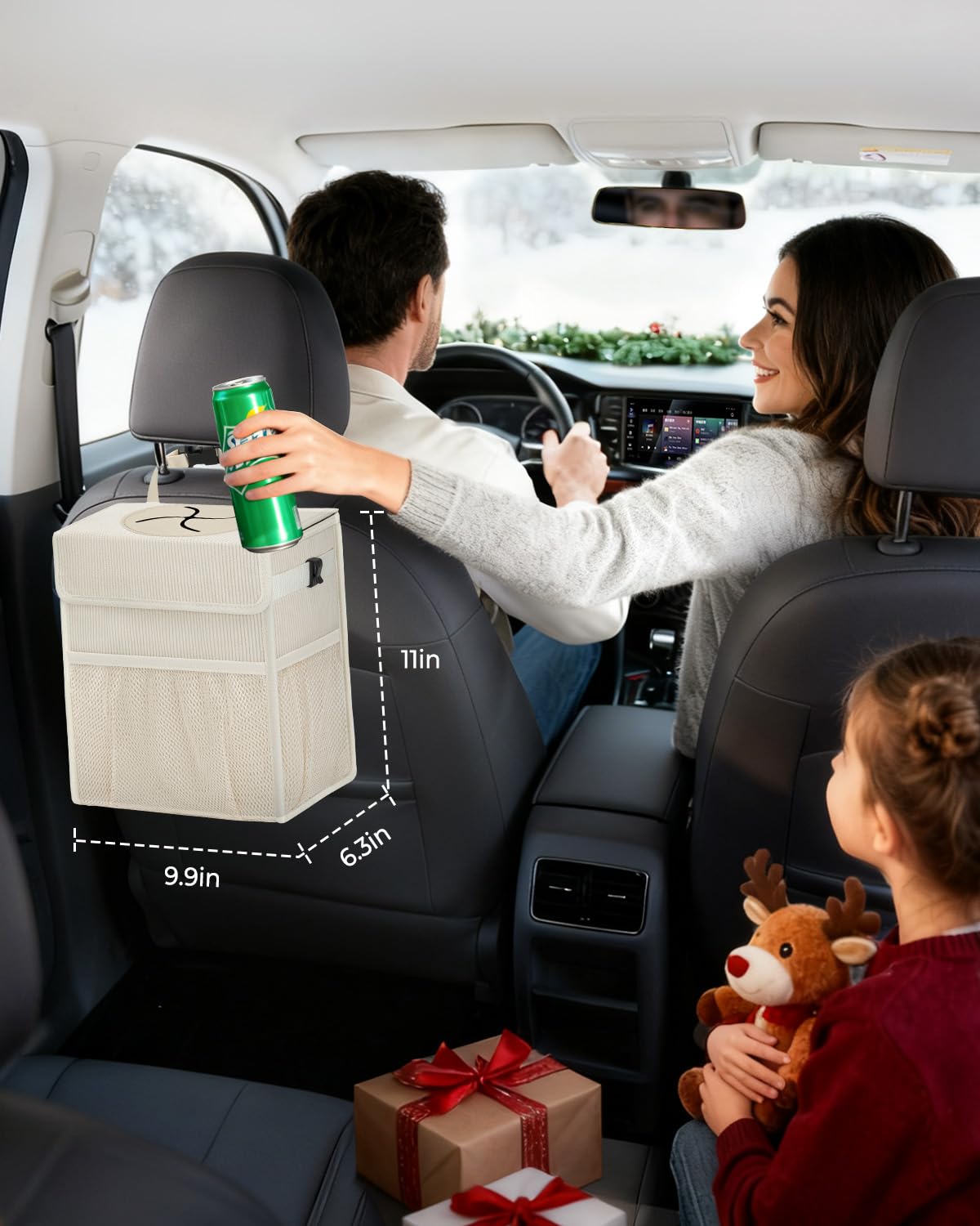 Corduroy Car Trash Can with Lid and Mesh Pockets - Leakproof Organizer,Multipurpose Waterproof Garbage Can/Trash Bin for Car(Off-White-3 Gallons)