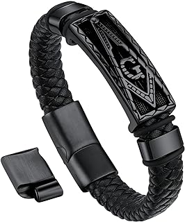 Mens Cuff Bracelets Black Braided Wax Rope Wristband Punk Style Masonic/Thor Hammer/Skeleton Charm Bracelet 7 Inch-9 Inch Gift for Husband Father Son