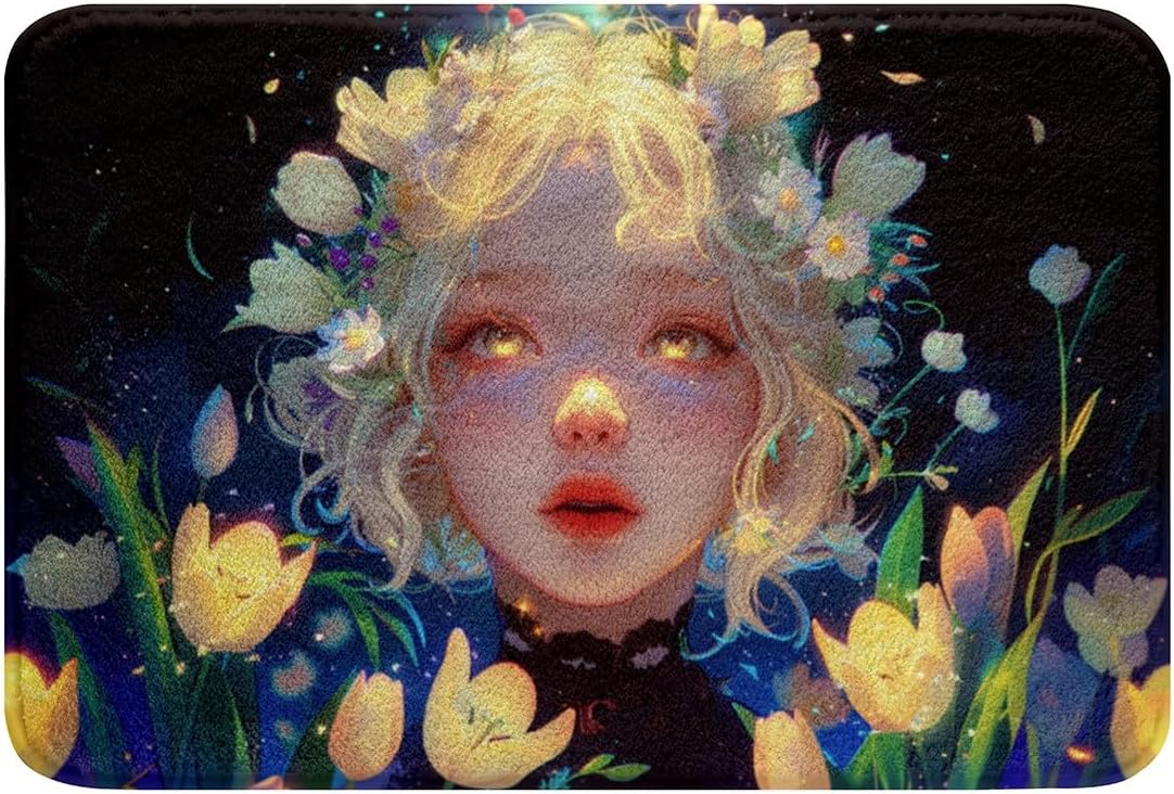 Anime Girl Flower Bathroom Rug,Blossom Floral Firefly Glitter Non Slip Bath Mat Kids Girls Women Adults Home Decor,Green Leaves Plant Bath Indoor Doornat,Blue Black Shaggy Absorbent Floor Mat,16"x24" image 3