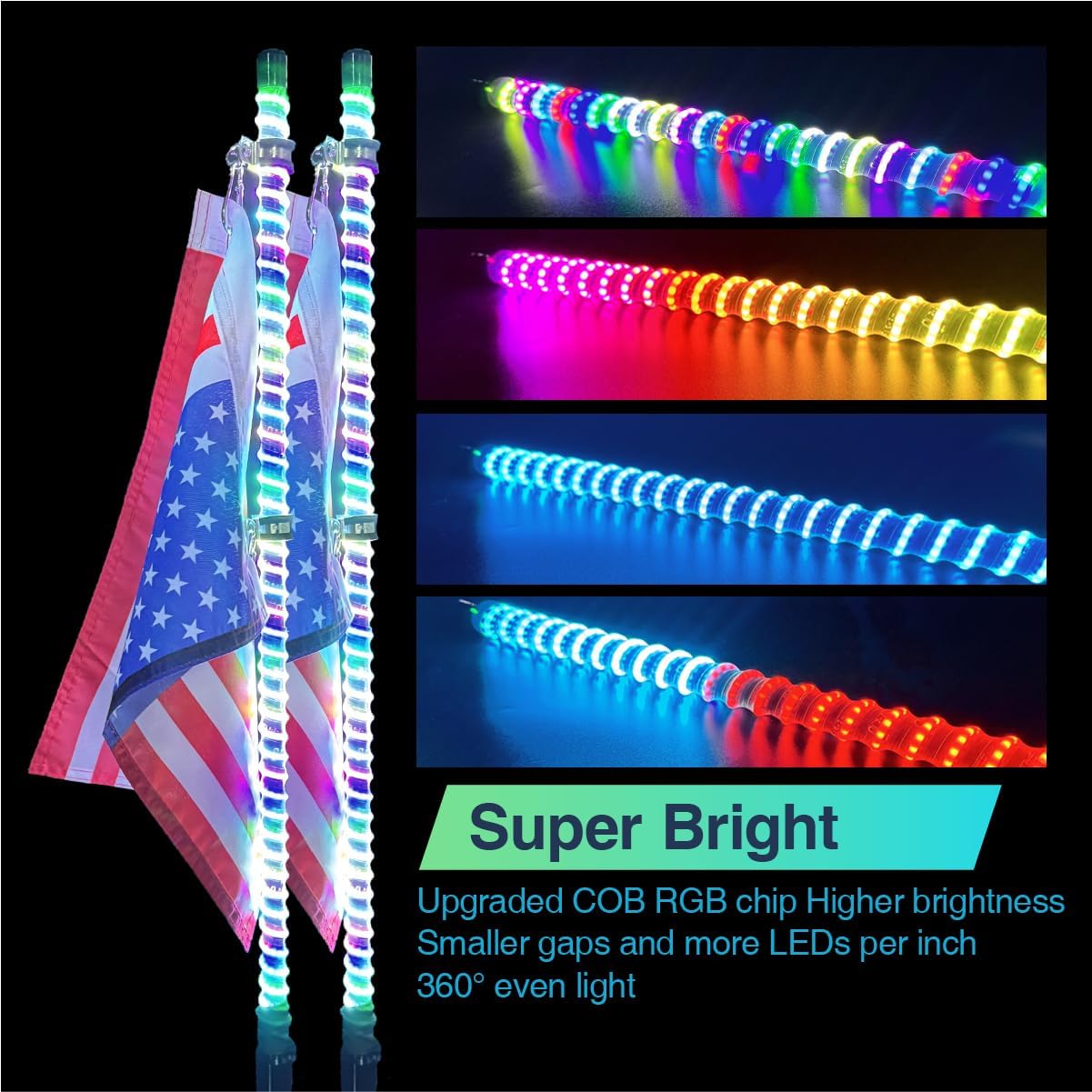 2 Pack 2ft COB LED Whip Lights with APP & Remote, ATV Whip Lights for Side by Side Slim Spiral RGB Chasing Lighted Whips with Rocker Switch for RZR Can-Am SXS Polaris Offroad Truck (COB 2FT 2PACK)