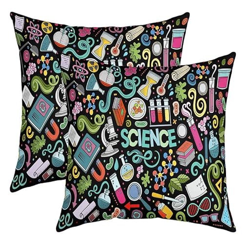 Feelyou Science Theme Throw Pillow Covers 18"x18" Set of 2 Soft Books Chemical Instrument Cushion Covers for for Couch Sofa Scientific Research Colorful Decorative Pillowcases Outdoor Pillows Covers