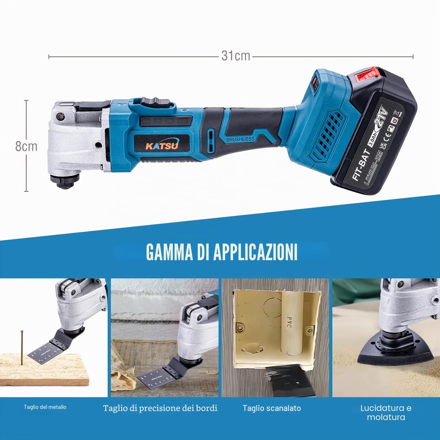 KATSU FIT-BAT 21V Utensile Multifunzione Oscillante a Batteria Brushless Motore con 3,0Ah Batteria e Caricabatterie, 6 Velocità, Sistema di Cambio Rapido, per Raschiatura Taglio Lucidatura