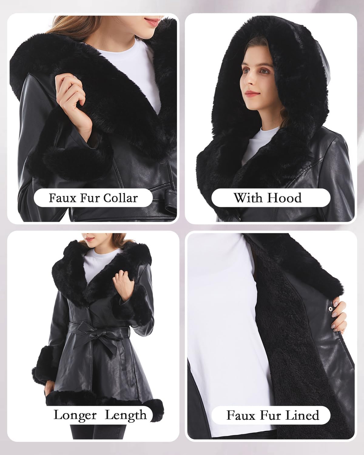 GRAN ORIENTE Women's Faux Leather Jacket with Faux Fur Collar, Winter Long Sleeve Furry Trim Peplum Parka Coat with Belt - Image 4