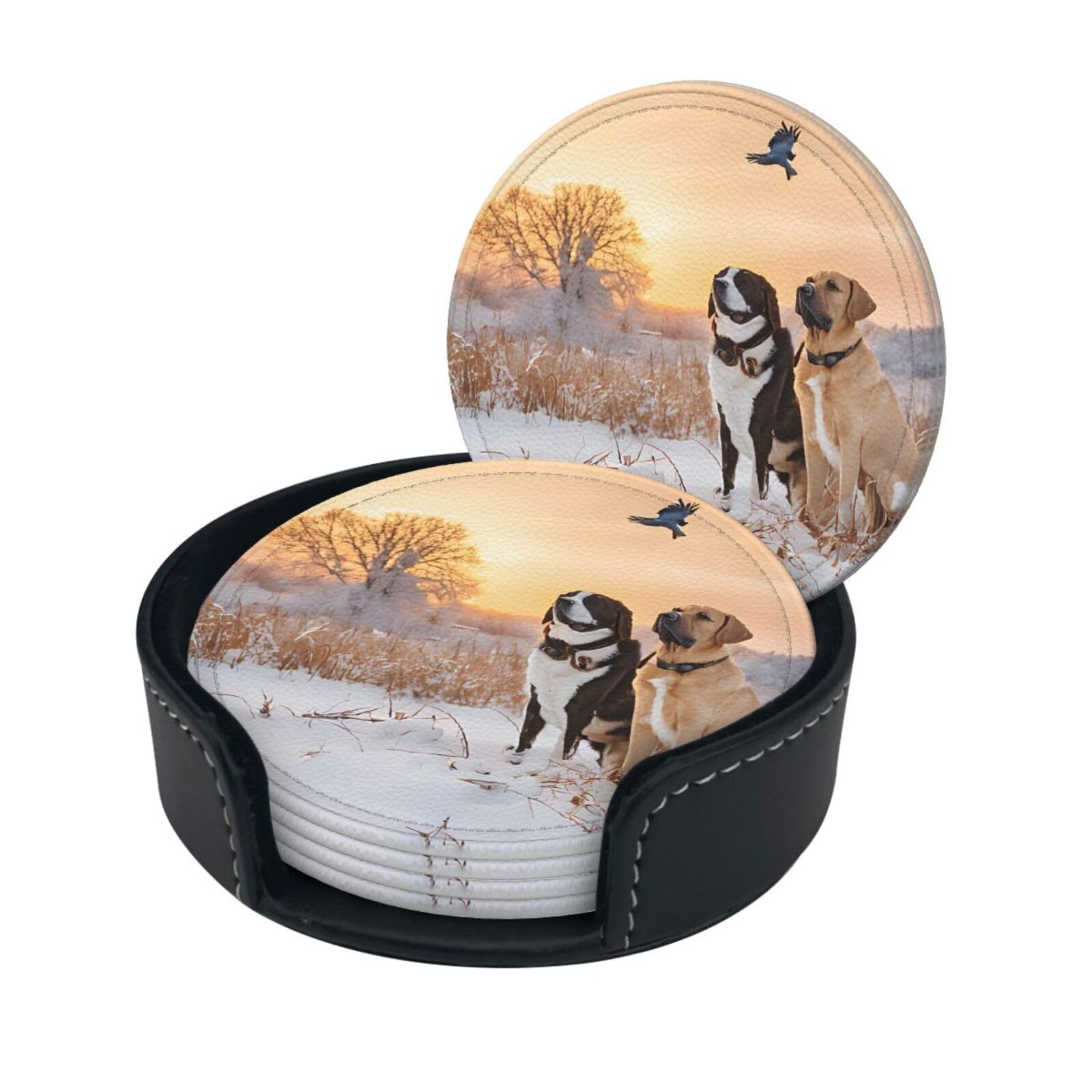 Dog Catching Pheasant Printed Leather Coasters (6-Pack) - Heat Resistant Drinks Cup Mat Pad for Home and Office Decor
