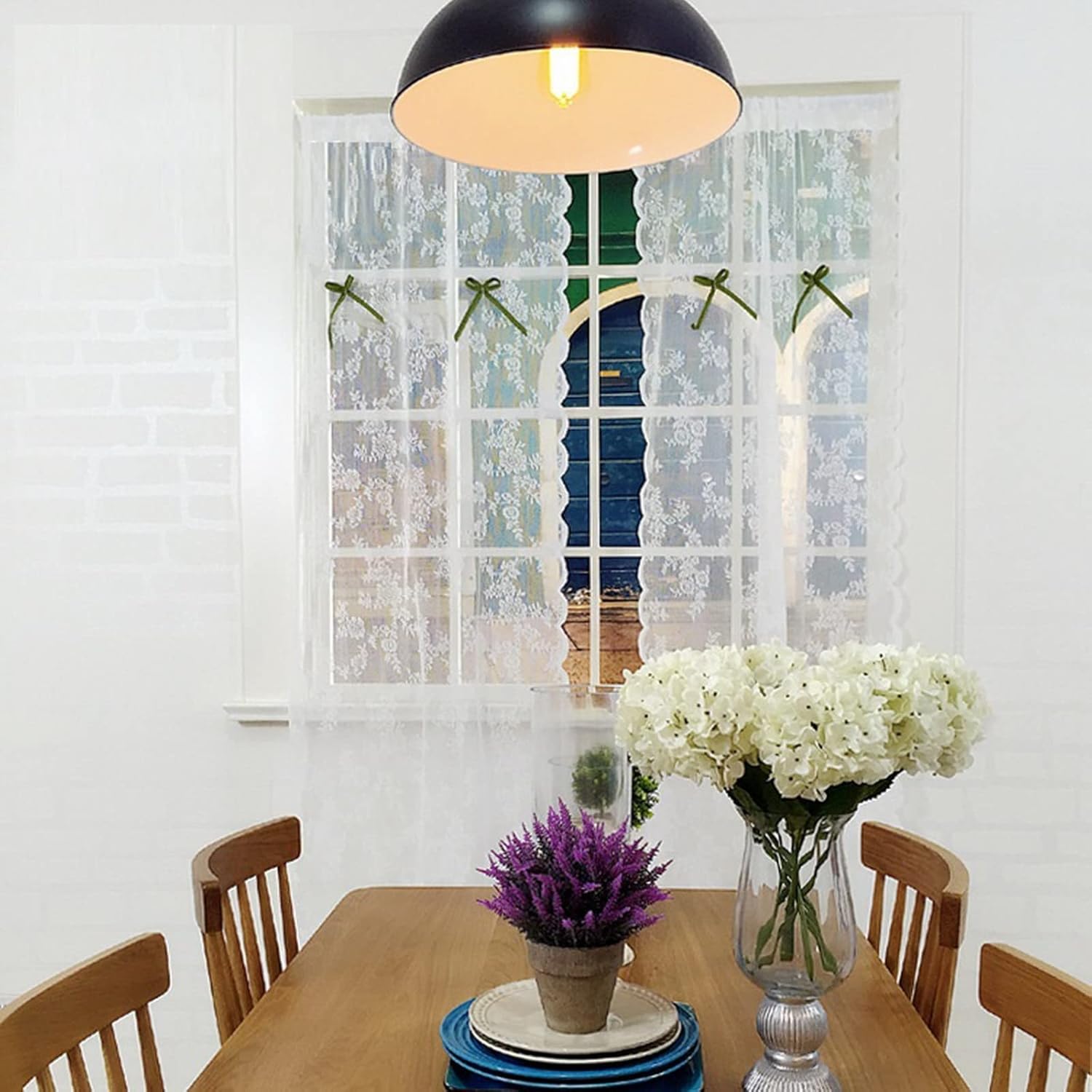 Short Curtain 2 Pieces Transparent White Voile Floral Lace Net Curtain with Bows Window Treatment Valance Panel Drapes Half Curtain for Kitchen Café Bedroom Cabinet Curtain Door Curtain