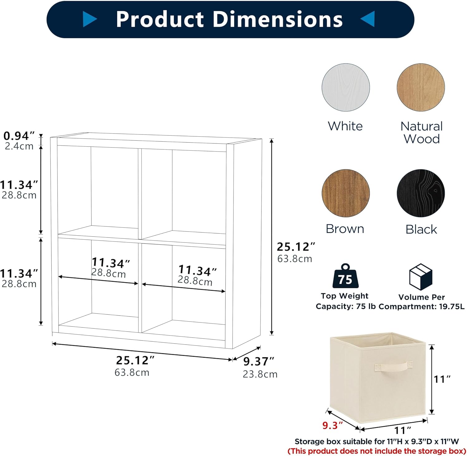 4 Cube Storage Organizer, 2x2 Cube Bookshelf, Cubby Storage Shelf, Wooden Organizer Shelf with Thickened Boards, for Closet Bedroom Home Office Living Room, 25.12" L x 9.37" W x 25.12" H, White