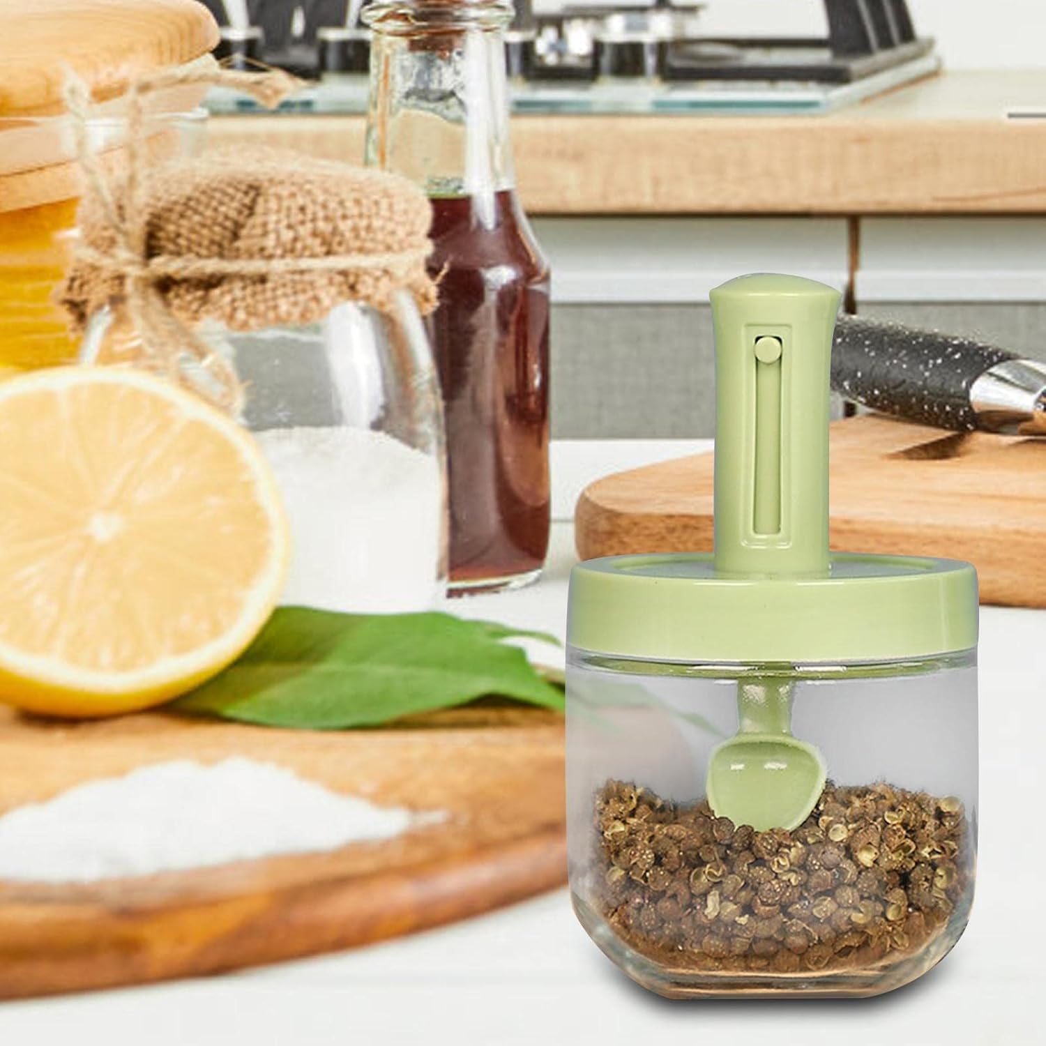 2xGlass Condiment Pot with Spoon Organizer Pepper Transparent Dispenser Seasoning Box Sugar Bowl for Kitchen BBQ Household Home
