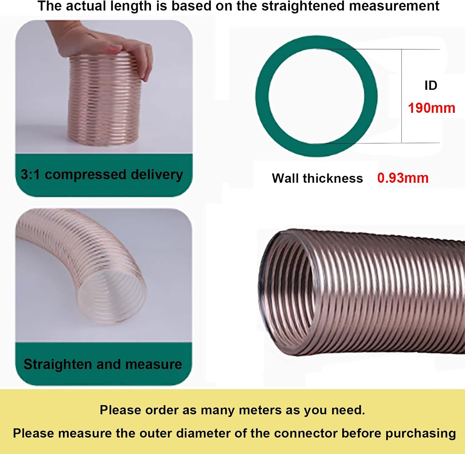 COYOUCO PU Dust Collection Hose, 190Mm ID, 1M Length, Flexible Transparent Vacuum Hose for Industrial Dust Extractor,0.93mm