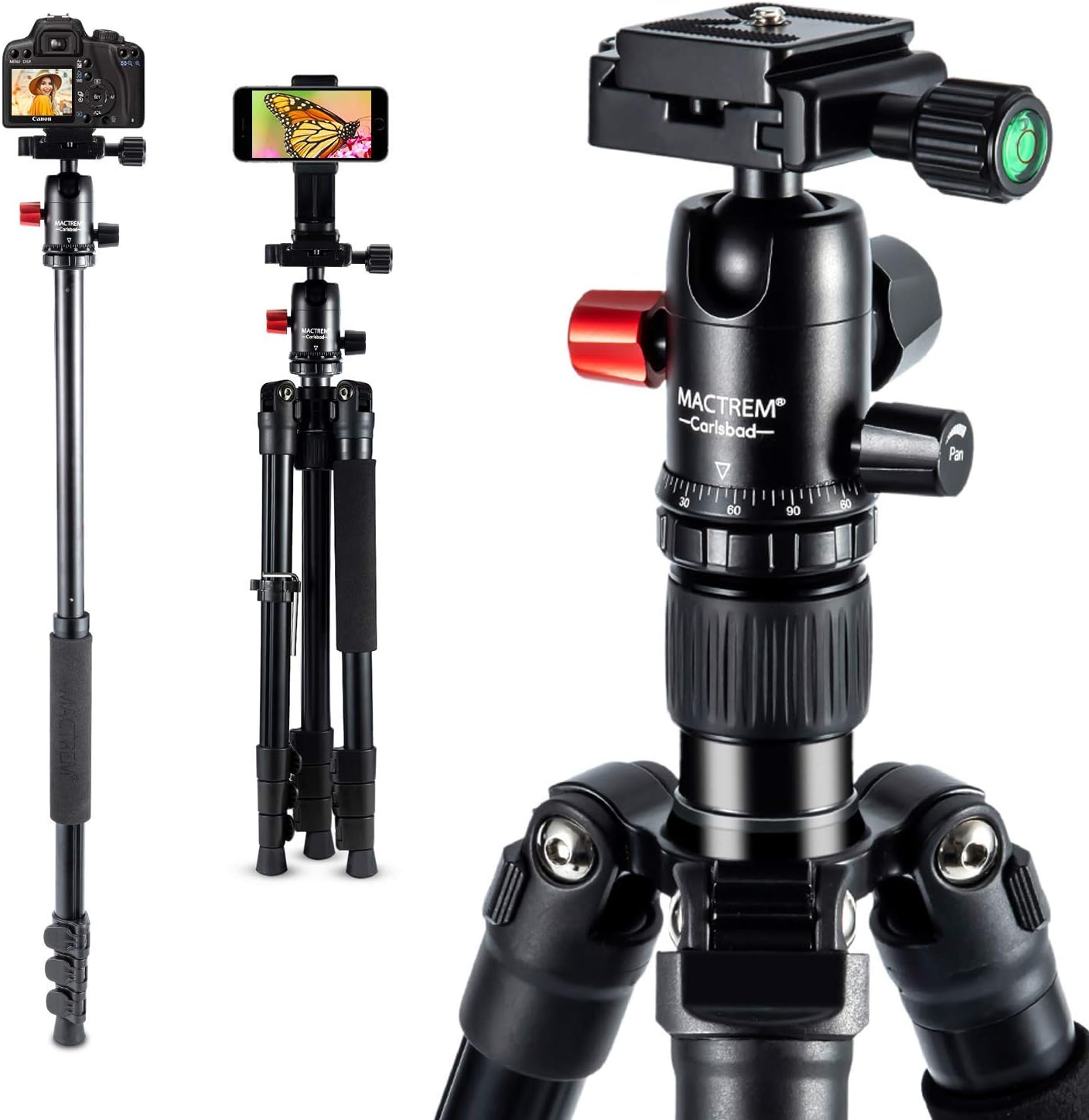 MACTREM Professional Camera Tripod with Phone Mount, 62" DSLR Tripod for Travel, Super Lightweight and Reliable Stability, Ball Head Tripod Detachable Monopod with Carry Bag ( Black)