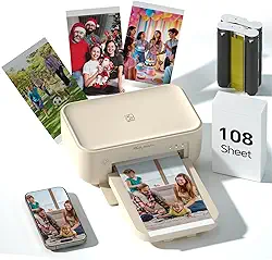 Impressora fotográfica 4 x 6 com 108 folhas e 2 fitas - Impressora fotográfica portátil sem fio com sublimação de tinta para smartphones iPhone e Android, impressão de fotos em casa e viagens