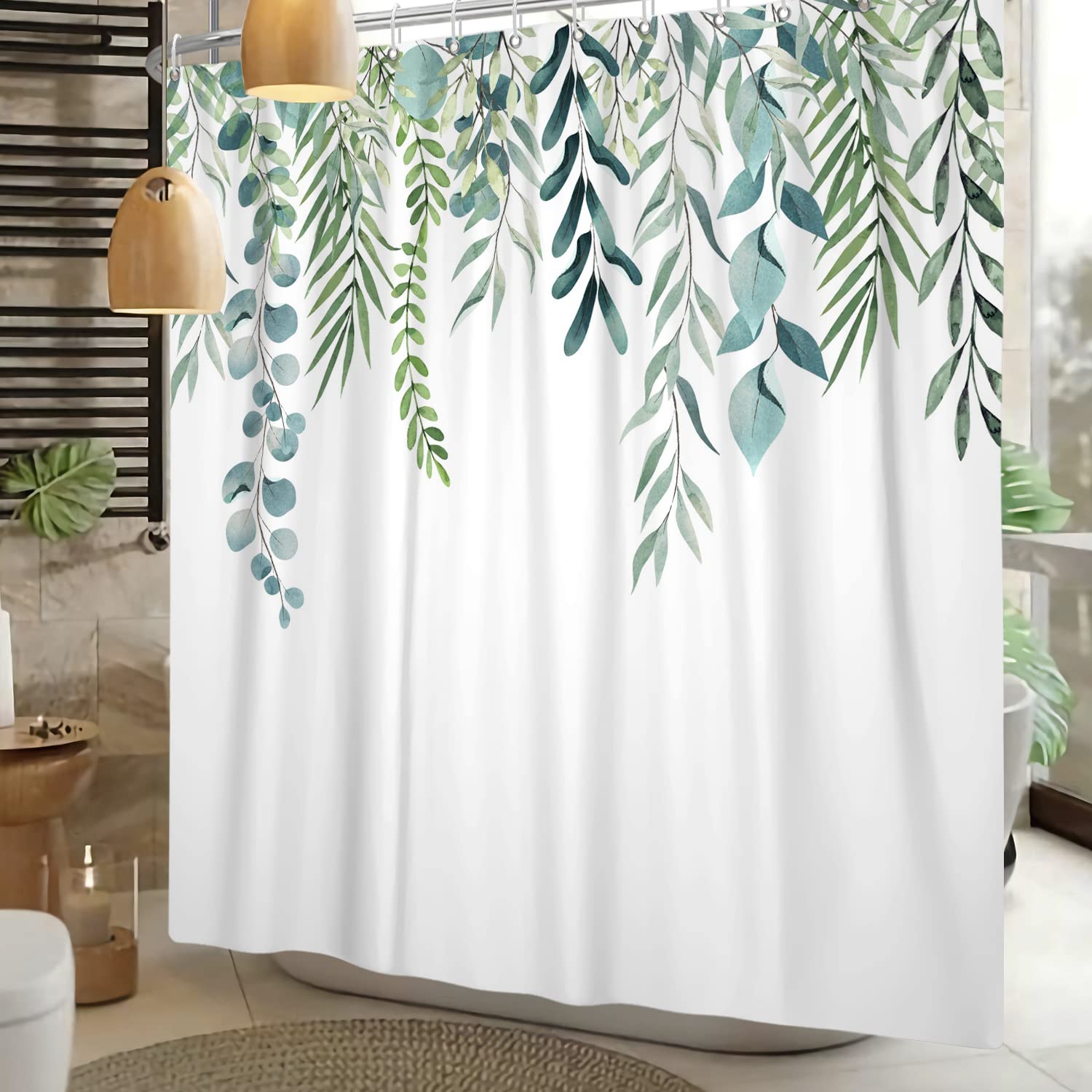 Tenda da doccia con foglie di eucalipto, tenda da doccia botanica beige per arredamento moderno del bagno, tenda da doccia in tessuto impermeabile con ganci, 183 x 198 cm