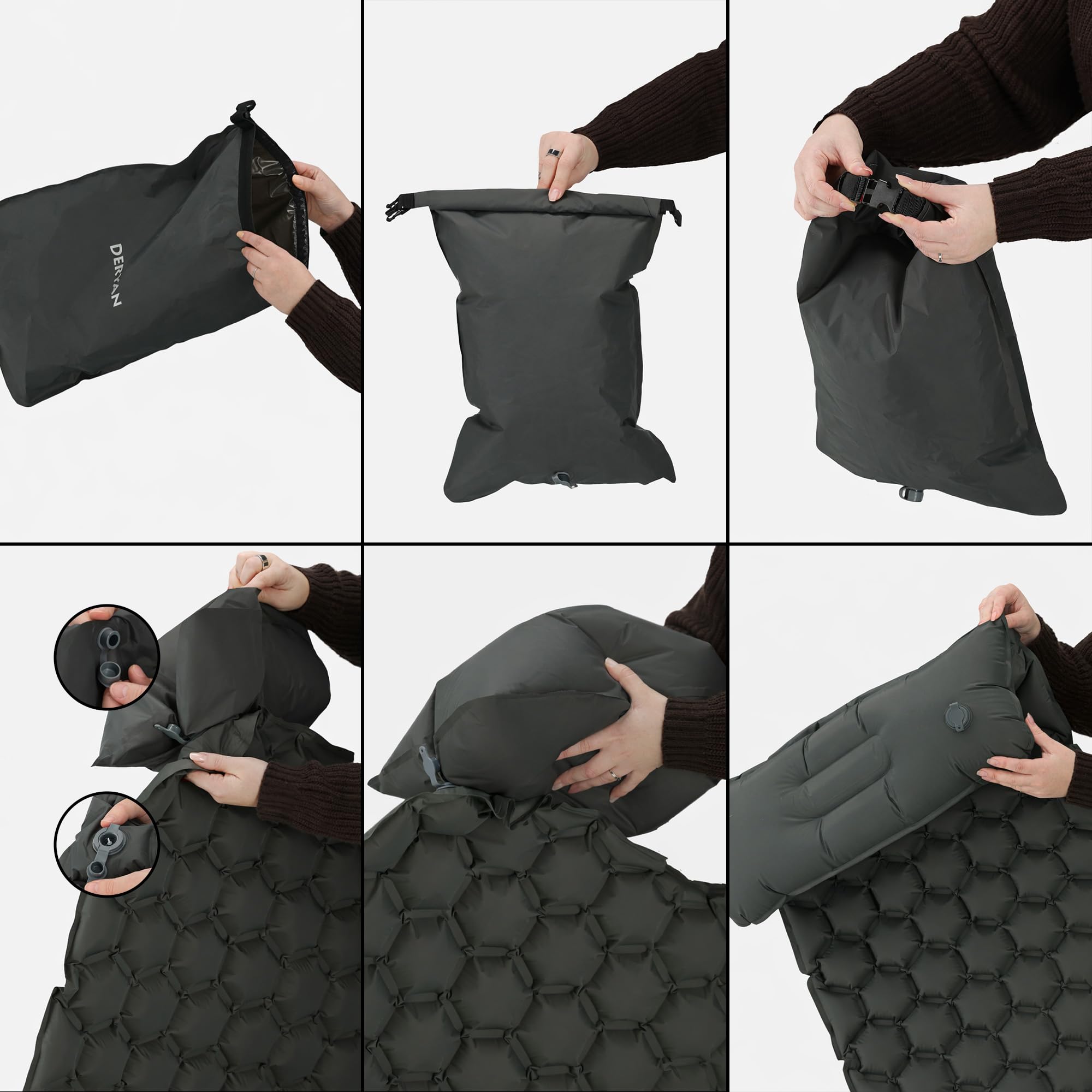 Deryan Matelas de Camping Matelas autogonflant ultraléger avec Oreiller et Pompe à Pied intégrée Matelas de Camping Gonflable Portable et Compact pour Le Trekking en Plein Air, Vert (Gris)