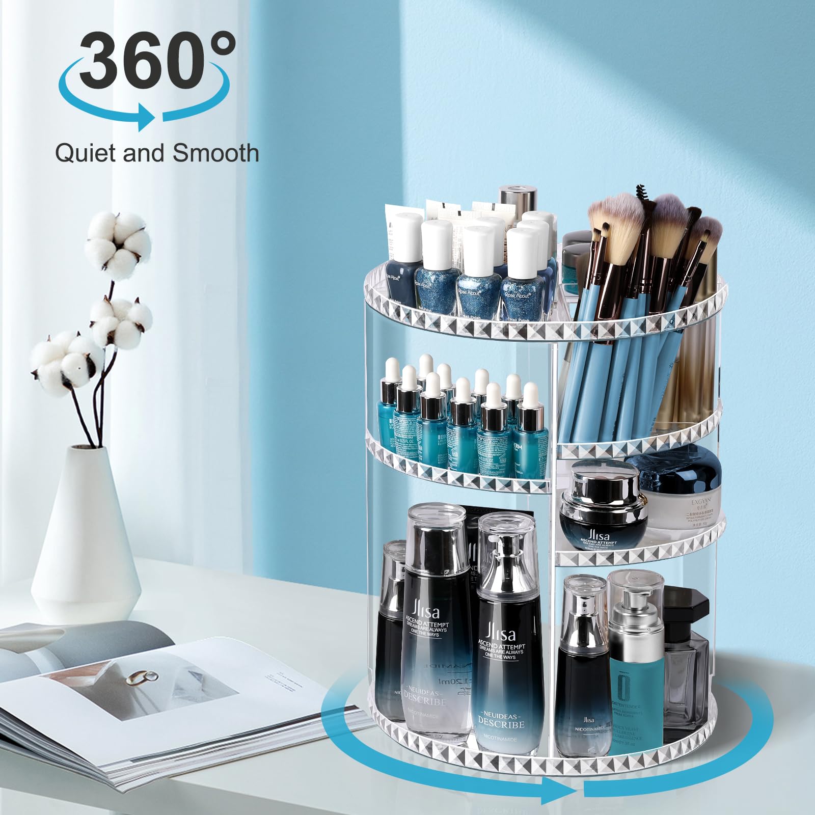 360° Rotating Makeup Organizer, Large Capacity Vanity Organizer with DIY Adjustable Trays, Makeup Brush Perfume Skincare Organizer Spinning Holder Shelf Storage Rack for Bathroom, Bedroom
