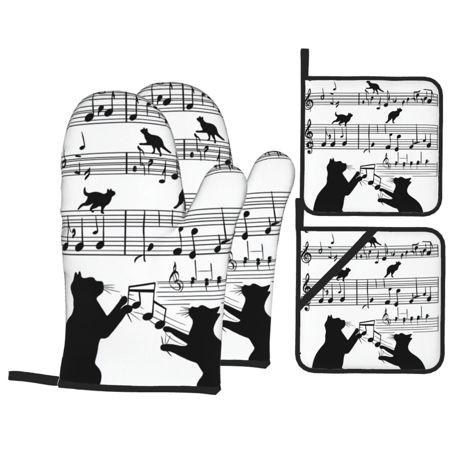 4 Pcs Cute Black Cat Animal Music Note Oven Mitts and Potholders,Kitchen Oven Glove with Pot Holders,Non-Slip Gloves High Heat Resistant 500 Degree for BBQ, Grill, Baking, Cooking, Oven, Microwave