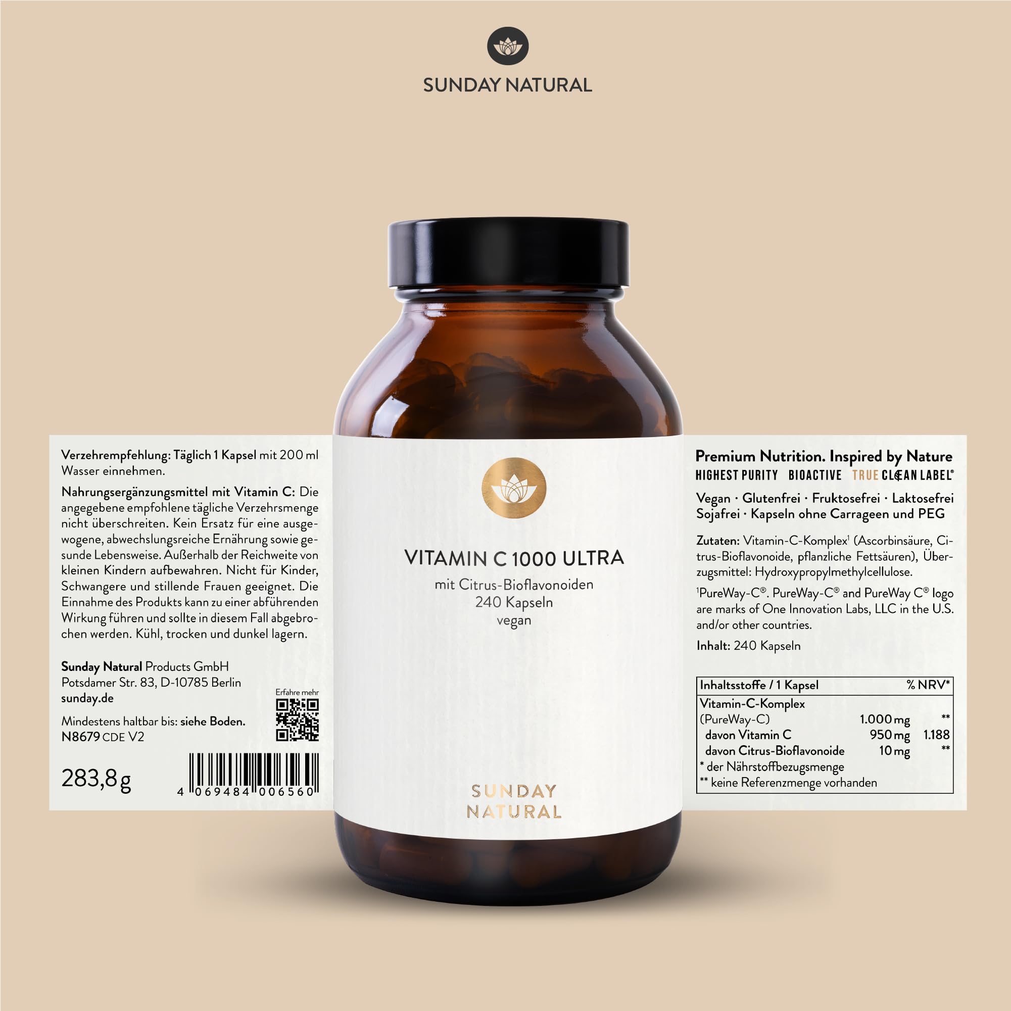 SUNDAY NATURAL® Vitamin C – 1000 mg Vitamin C – exklusiver PureWay® Komplex aus den USA – schnelle Absorption, mit Bioflavonoiden – laborgeprüft, ohne unnötige Zusätze – 240 Kapseln