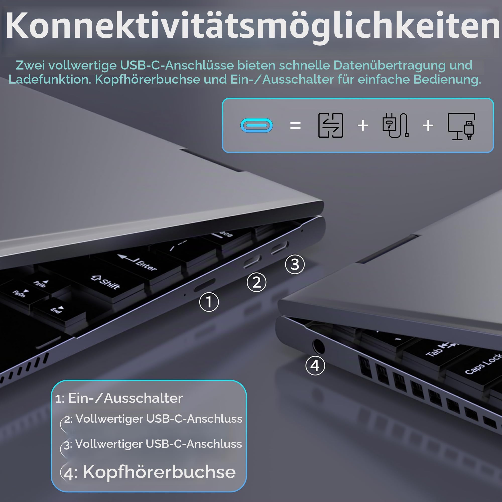 Amita 11 Zoll 2-in-1 Laptop mit Touchscreen, 360° Convertible Notebook, 16 GB RAM, M.2 SSD, FHD 2000x1200 Display, Hintergrundbeleuchtete TypeC, WiFi/BT(16GB RAM+1TB SSD)
