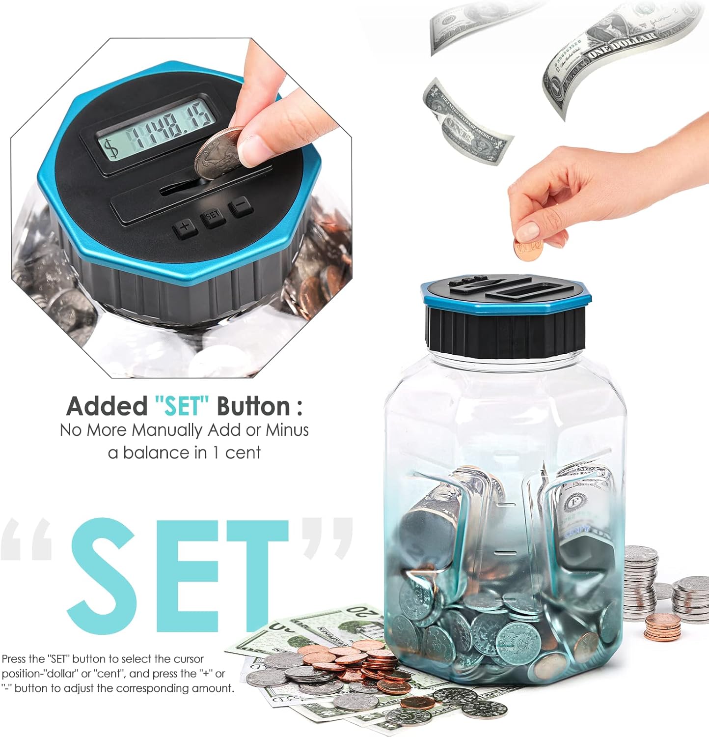 X-Large Piggy Bank for Adults Kids,Vcertcpl Digital Counting Coin Bank with 2.4L Capacity, Great Coin Counter Bank Money Counting Jar with Total Amount Displayed, Bank for All US Coins