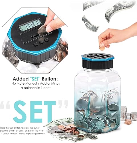 Miniatura 6 de Vcertcpl - Alcancía grande para adultos y niños, banco de monedas digital con capacidad de 2.4 litros, gran contador de monedas, tarro de conteo de