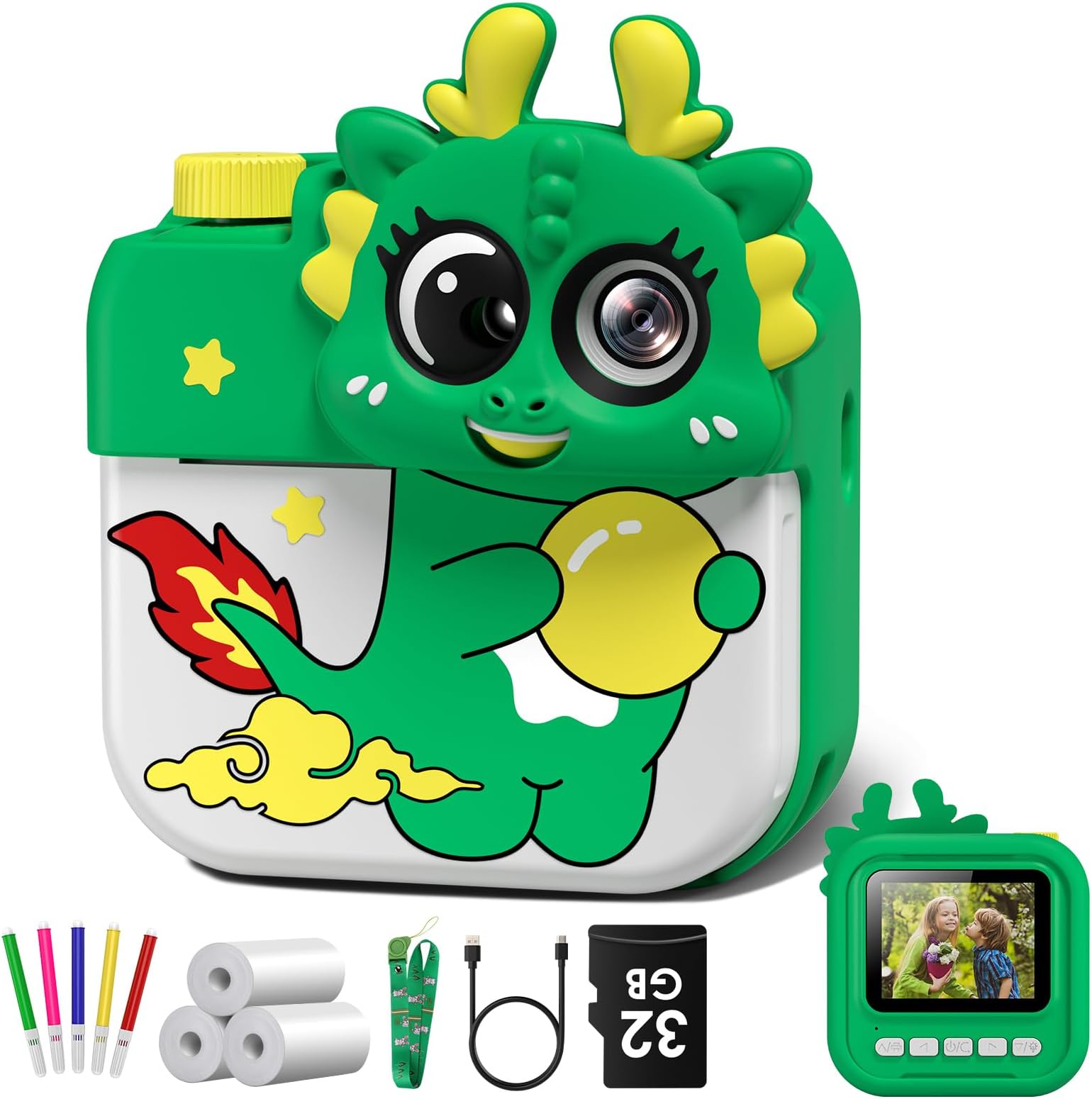 Hangrui Children's Instant Camera, 12 MP/1080 P HD Children's Camera with Printing Paper and 32 G, Instant Print Digital Camera, Gift for Children from 3 to 12 Years, Green