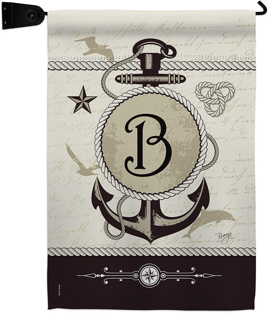 Nautical B Initial Garden Flag Set Wall Holder Monogram Coastal Anchor Sailor Sea Shells Outdoor Summer Ocean Small Decorative Gift Yard House Banner Made In USA 13 X 18.5