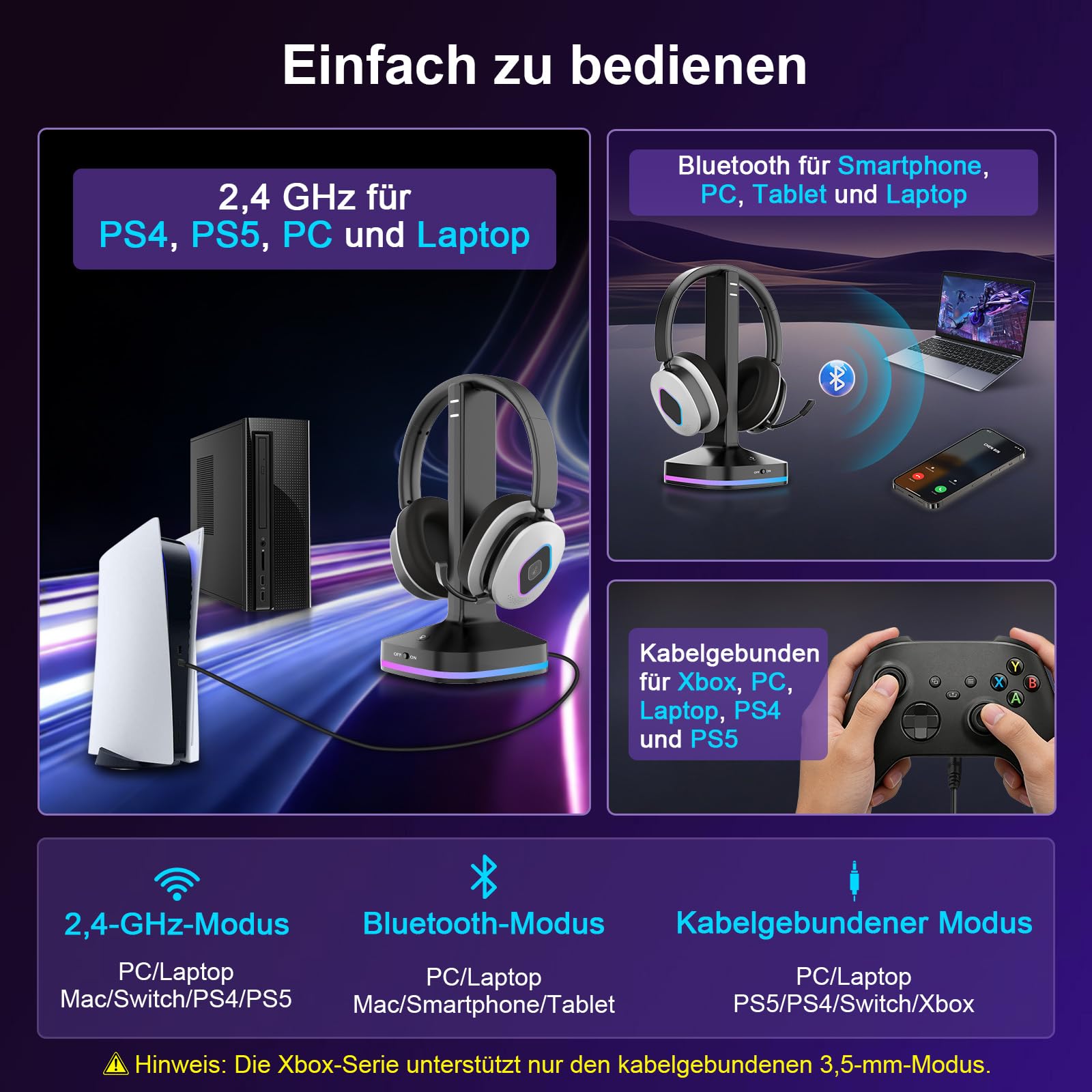 Earbay 2.4GHz Wireless Gaming Headset mit Bluetooth Kopfhörer Für PS5, PS4, PC, Switch, Xbox & Laptop, 6.0 Bluetooth Gaming Headset mit Mikrofon, klappbarem Mikrofon, 40h Akku, RGB-Ladestation