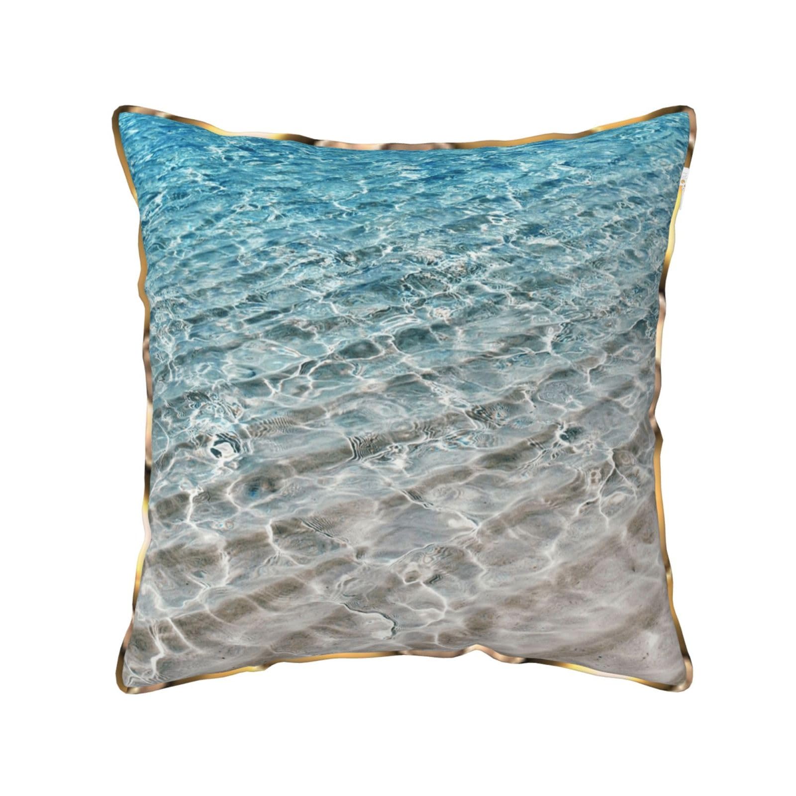 AUBKFELD Clear Sea Water Printed Velvet Cushion Cover 45x45 CM with Gold Edging Strip, Square Pillowcase Soft Throw Pillow Covers Case Decorative for Living Room Sofa Couch Bed Bench