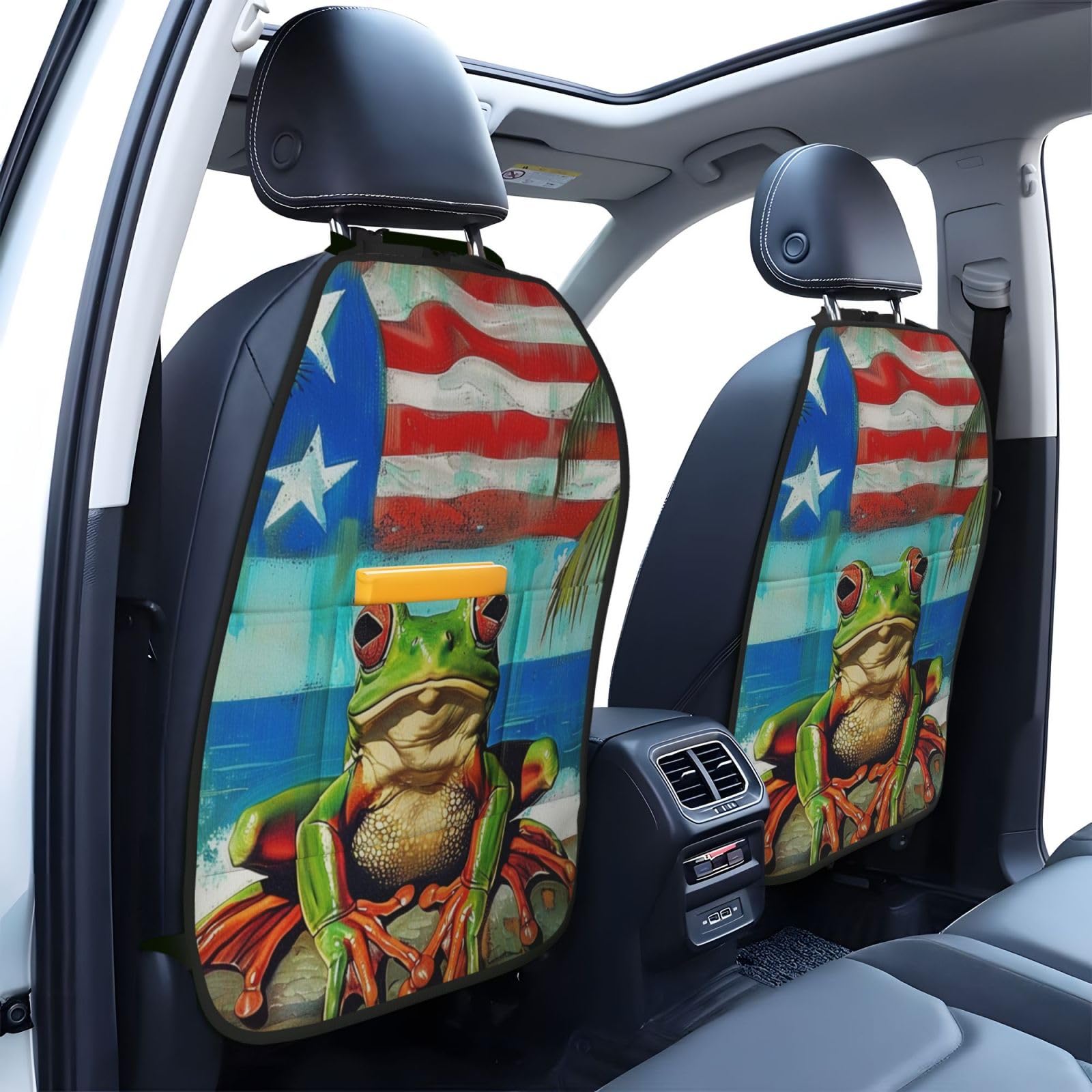 JTNWEC Puerto Rico Flag Frog Palm Trees Print Car Seat Kick Mats with Organisers 2 Pack Backseat Protector Seat Covers for Your Car, SUV, or Truck