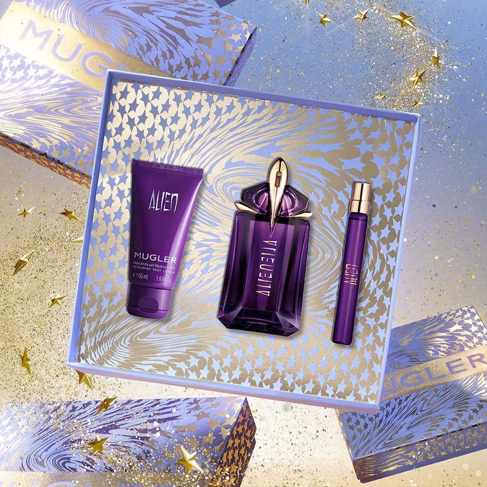 MUGLER Cofanetto Alien, Eau de Parfum + Eau de Parfum e Lozione Corpo, Profumo Donna, Profumo Ambrato, Legnoso e Floreale, Fragranza Straordinaria, Ricaricabile, 60 ml + 10 ml + 50 ml