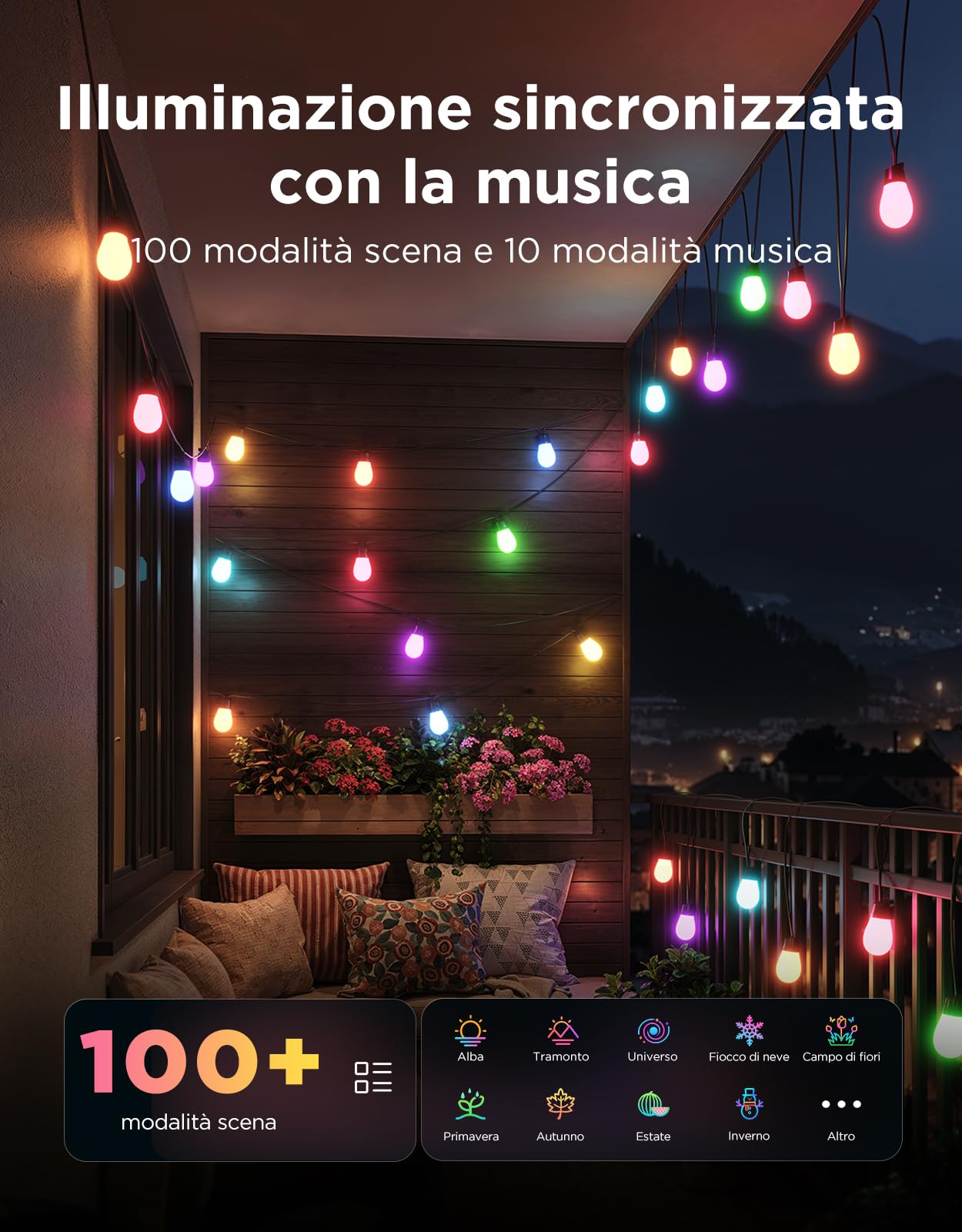 Govee Catena Luminosa Esterno, 15M Lampadine LED RGBIC Bianco Caldo, Controllo APP WiFi con Alexa Luci da Esterno, IP66 Impermeabile, 111 Modalità di Scena, Adatto per Giardino, Balcone, Gazebo