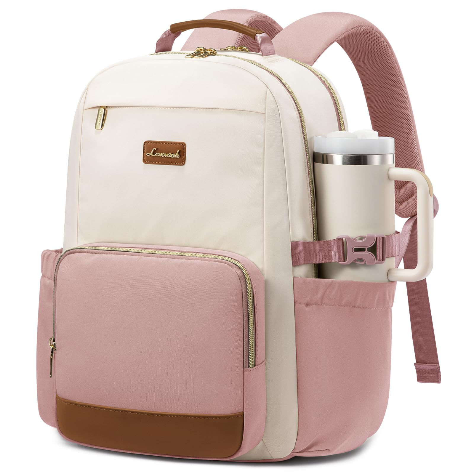 LOVEVOOK Laptop Backpack for Women with Pouch Pocket for Large Capacity Cup,18 Inch Teacher Nurse College Work Backpack Purse,Waterproof Laptop Bag Computer Back Pack for Travel, Beige-Pink-Brown